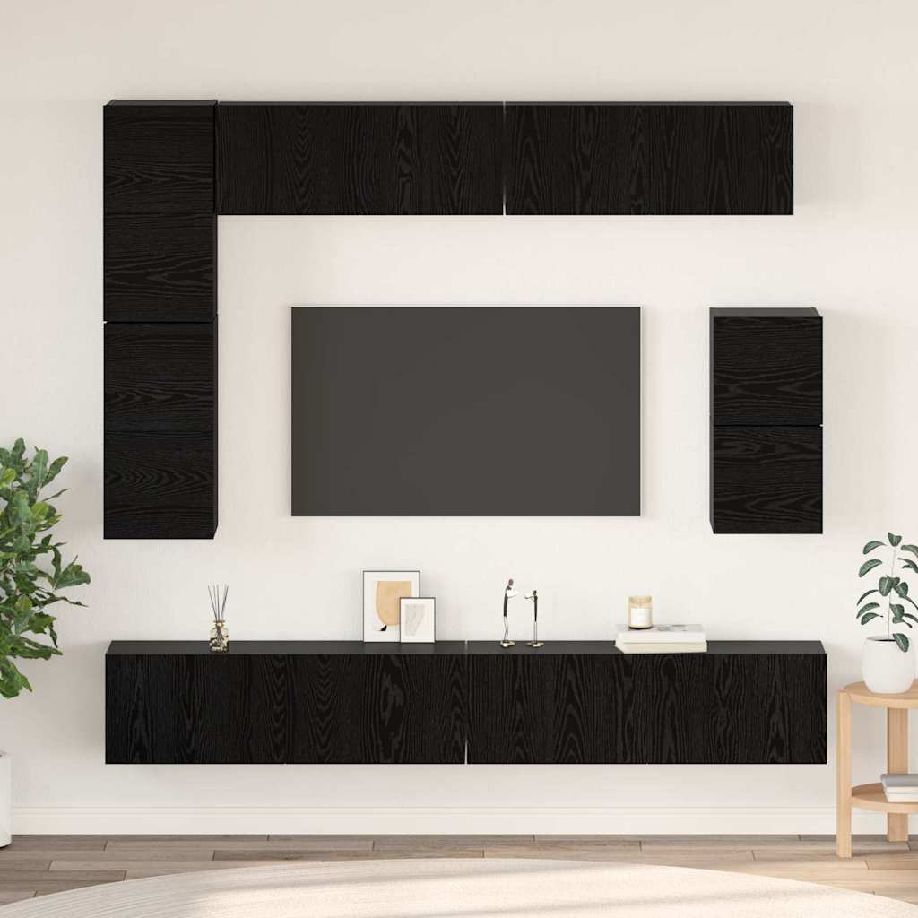 TV Cabinet Set Wall-mounted 8 pcs Black Oak Engineered Wood