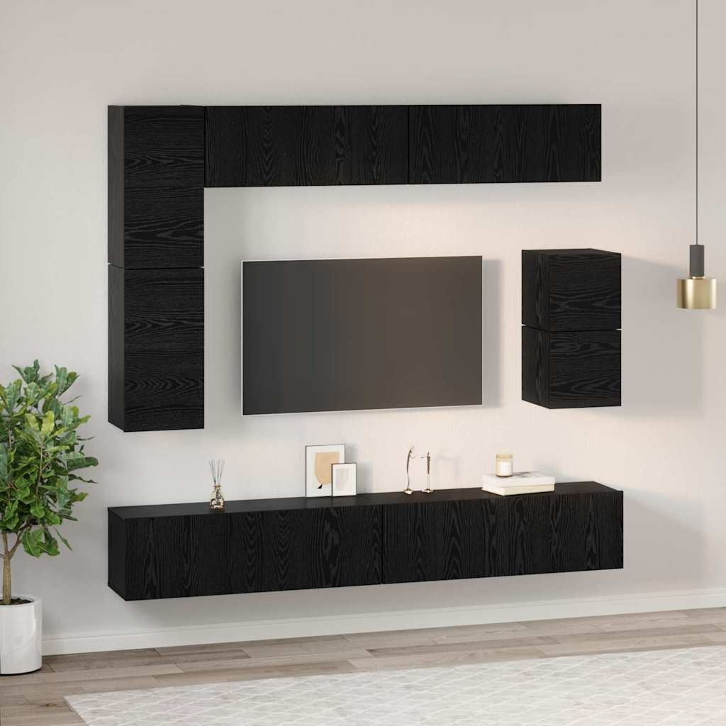 TV Cabinet Set Wall-mounted 8 pcs Black Oak Engineered Wood