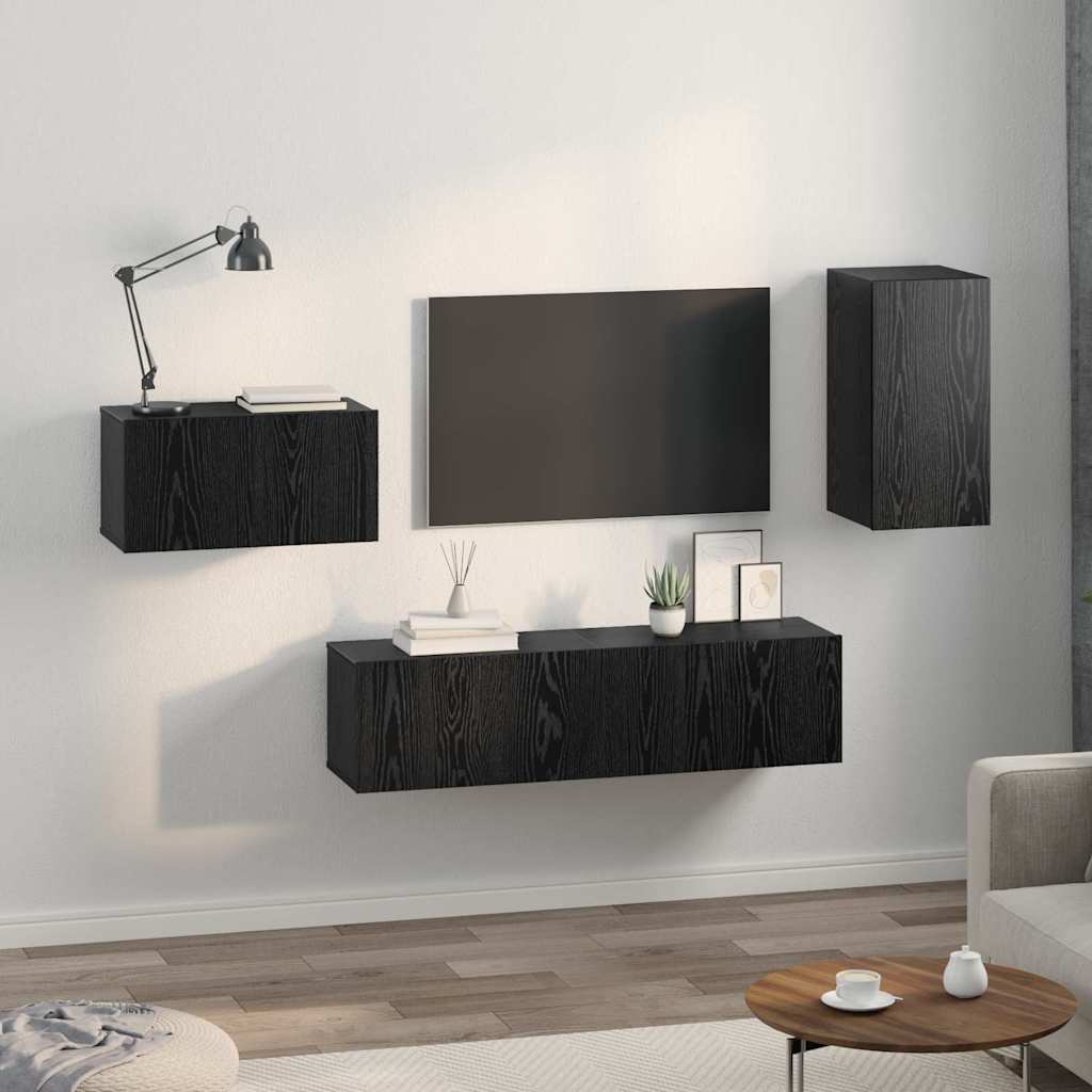 TV Cabinet Set with Drawer Black Oak Engineered Wood