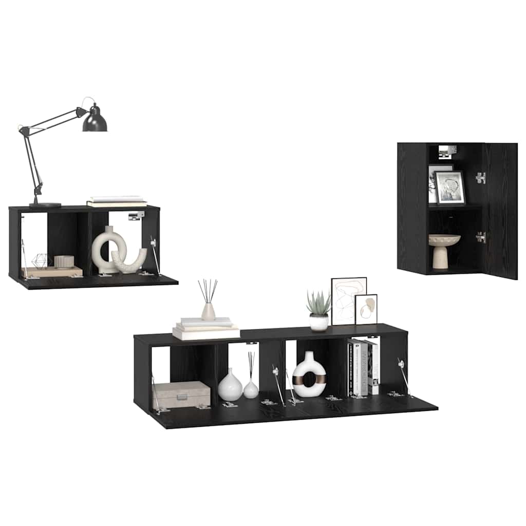 TV Cabinet Set with Drawer Black Oak Engineered Wood