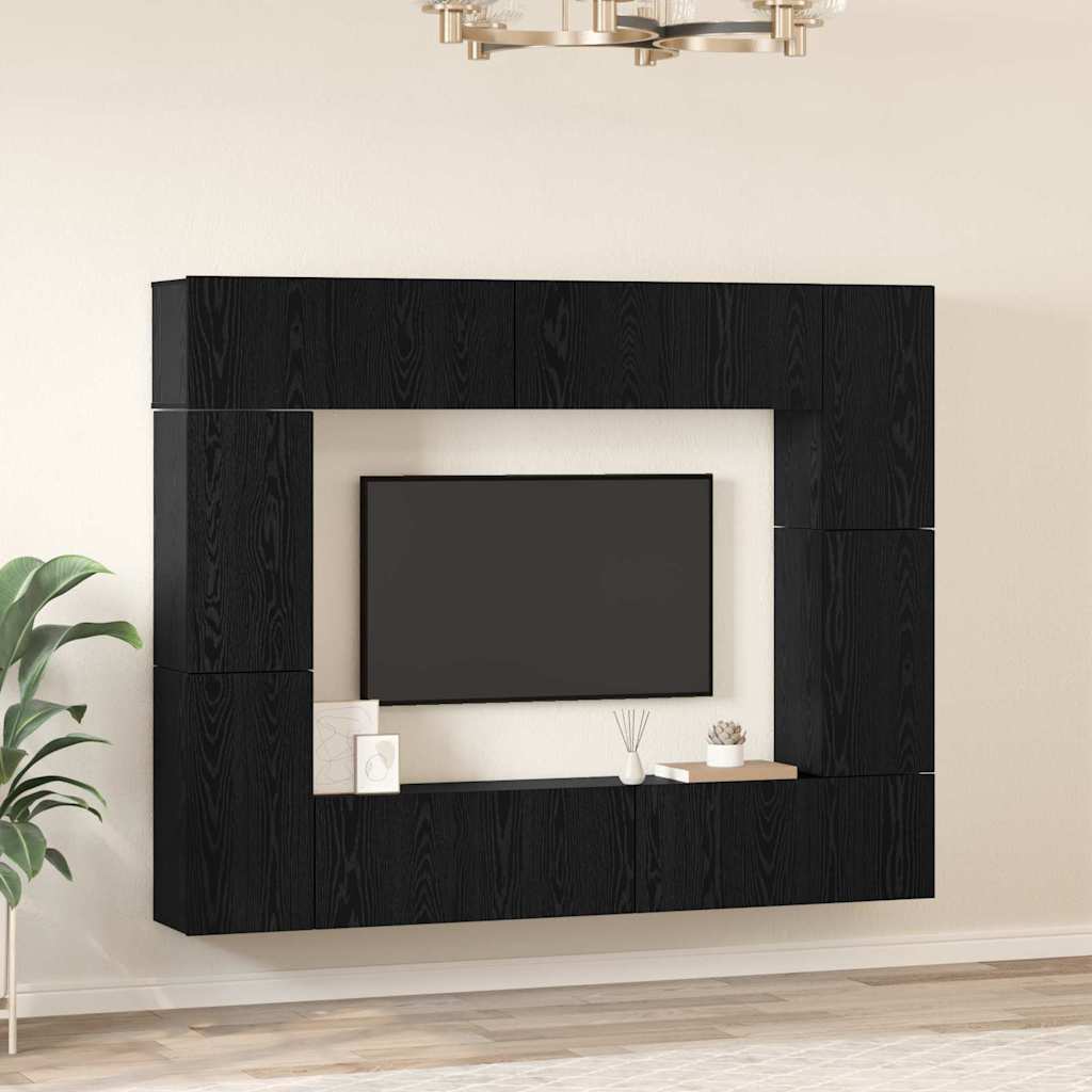 TV Cabinet Set Wall-mounted 8 pcs Black Oak Engineered Wood