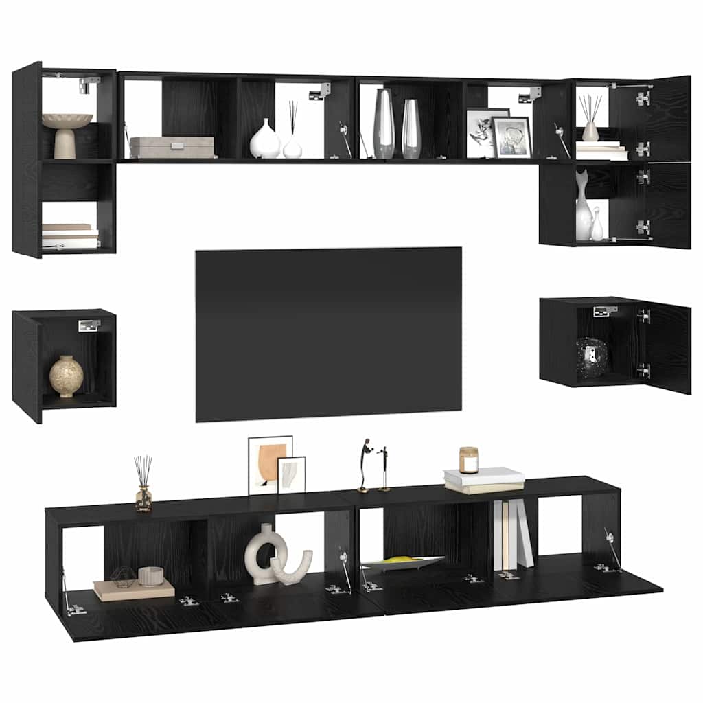 TV Cabinet Set Wall-mounted 8 pcs Black Oak Engineered Wood