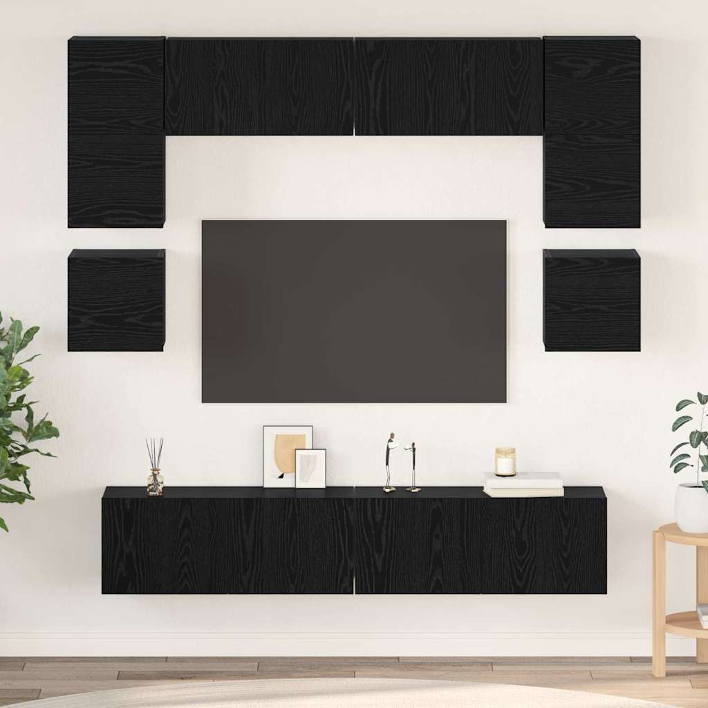 TV Cabinet Set Wall-mounted 8 pcs Black Oak Engineered Wood