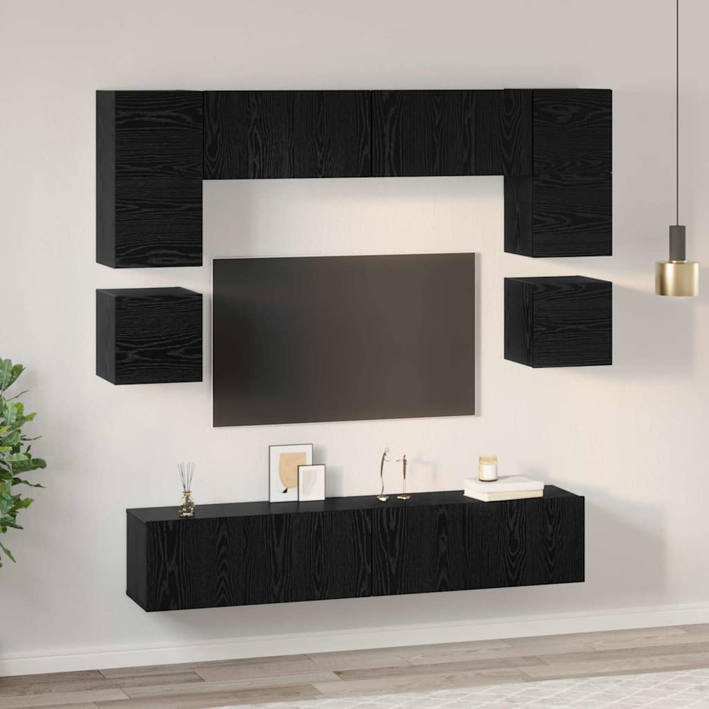 TV Cabinet Set Wall-mounted 8 pcs Black Oak Engineered Wood