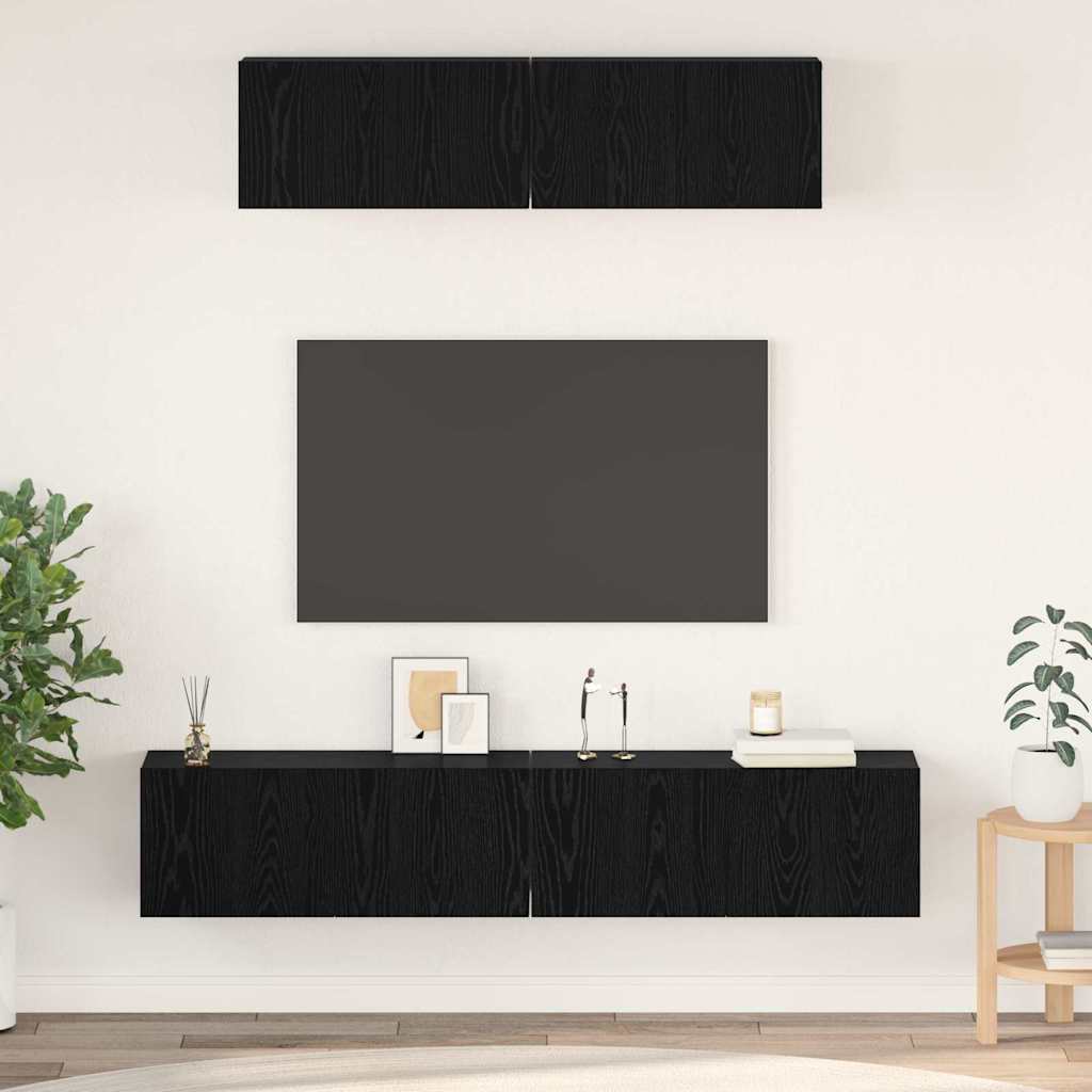 TV Cabinet Set Wall-mounted 4 pcs Black Oak Engineered Wood