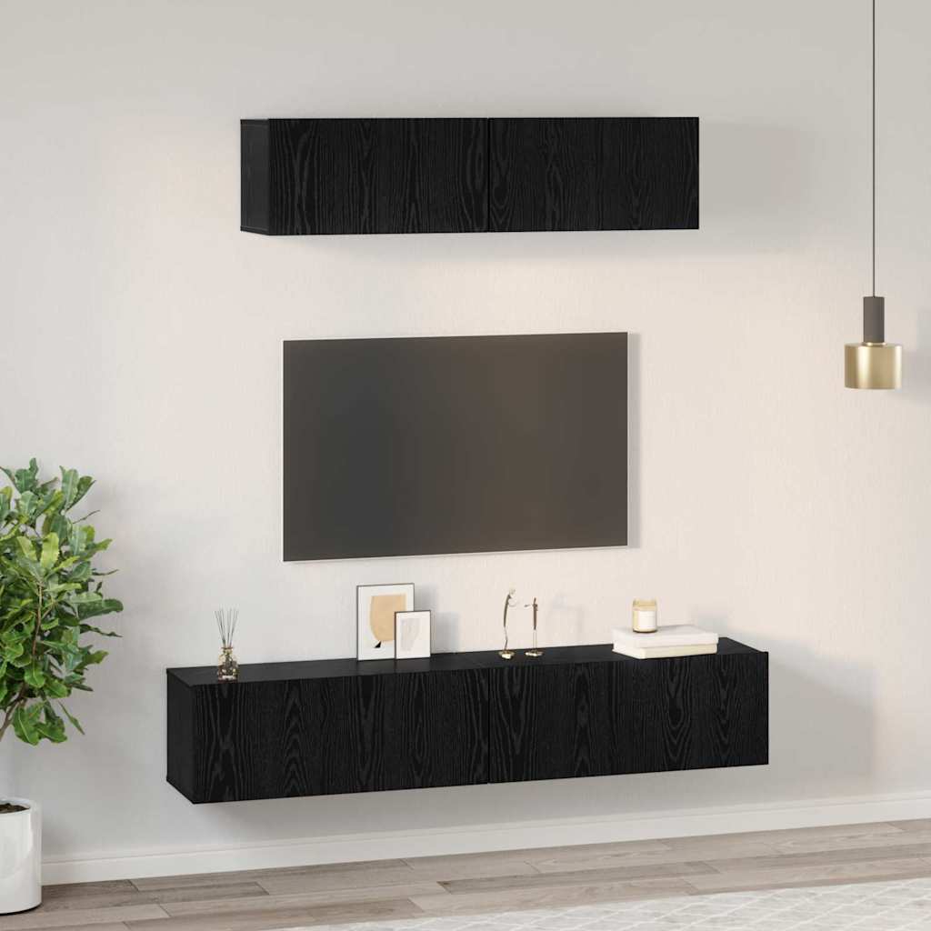 TV Cabinet Set Wall-mounted 4 pcs Black Oak Engineered Wood