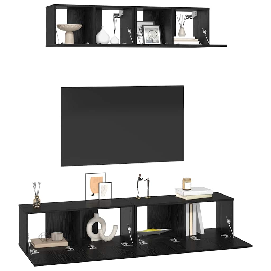 TV Cabinet Set Wall-mounted 4 pcs Black Oak Engineered Wood