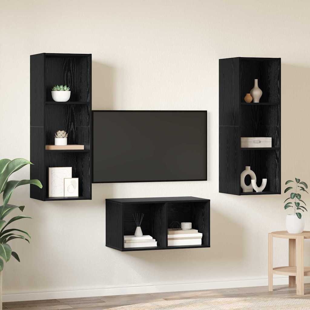 TV Cabinet Set Black Oak Engineered Wood