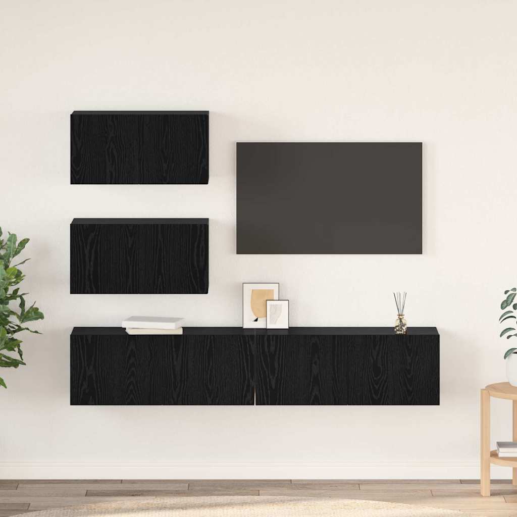 TV Cabinet Set Wall-mounted 4 pcs Black Oak Engineered Wood