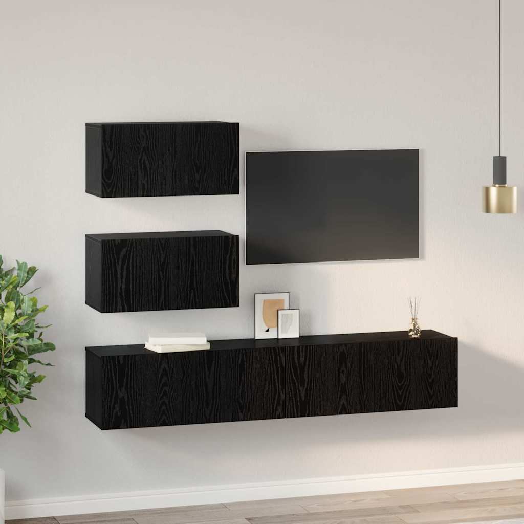 TV Cabinet Set Wall-mounted 4 pcs Black Oak Engineered Wood