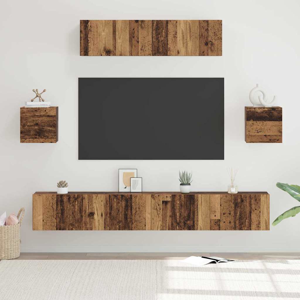 TV Cabinet Set Wall-mounted 7 pcs Old Wood Engineered Wood