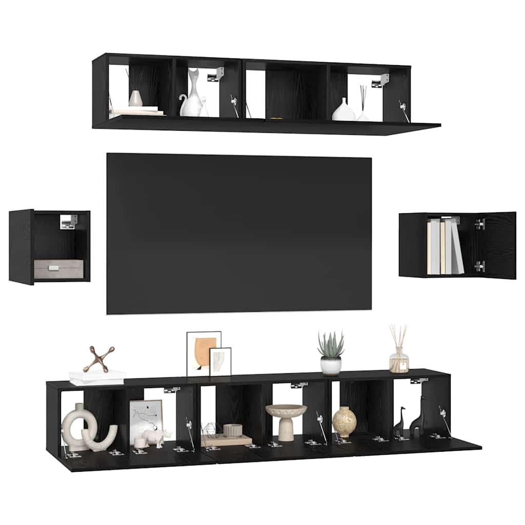 TV Cabinet Set Wall-mounted 7 pcs Black Oak Engineered Wood