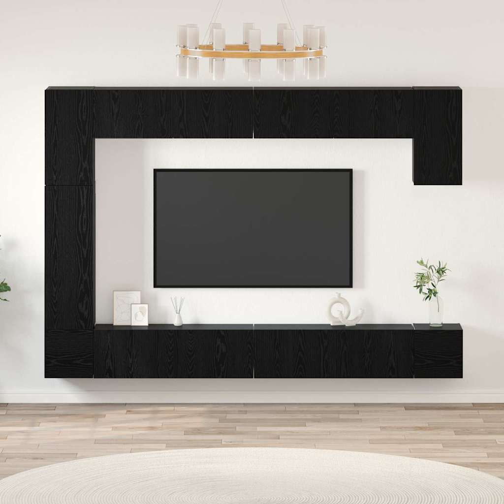TV Cabinet Set Wall-mounted 9 pcs Black Oak Engineered Wood