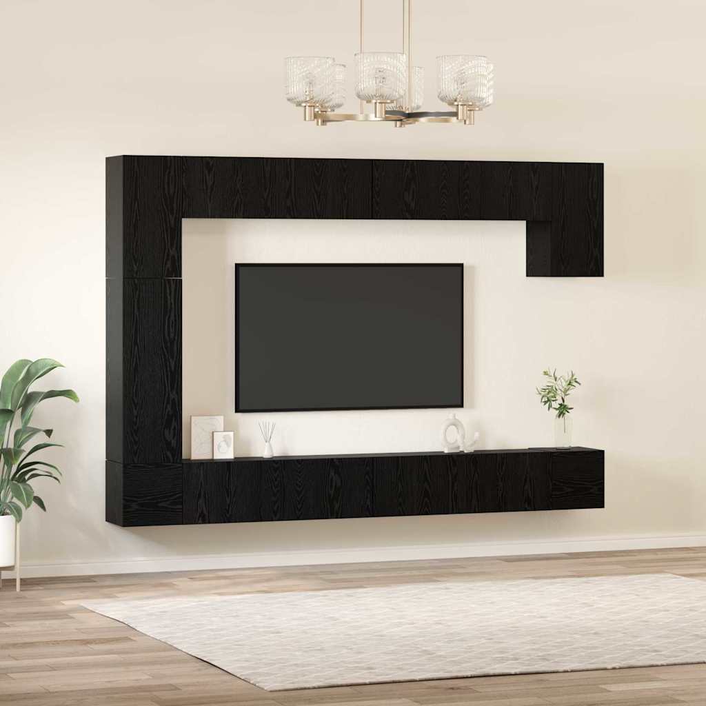 TV Cabinet Set Wall-mounted 9 pcs Black Oak Engineered Wood