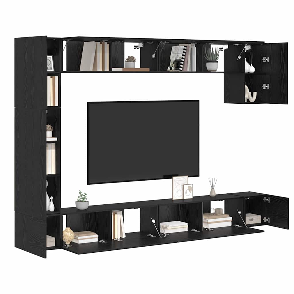 TV Cabinet Set Wall-mounted 9 pcs Black Oak Engineered Wood