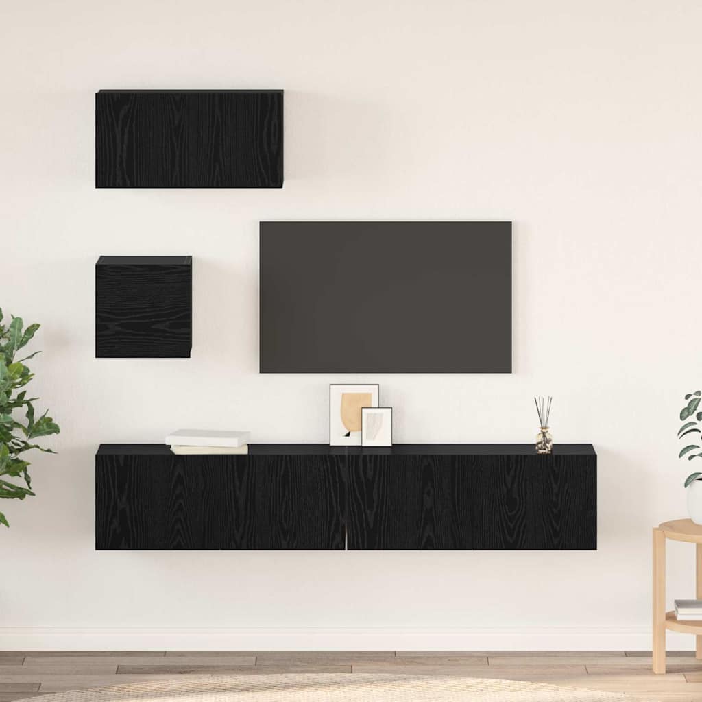 TV Cabinet Set Wall-mounted 4 pcs Black Oak Engineered Wood