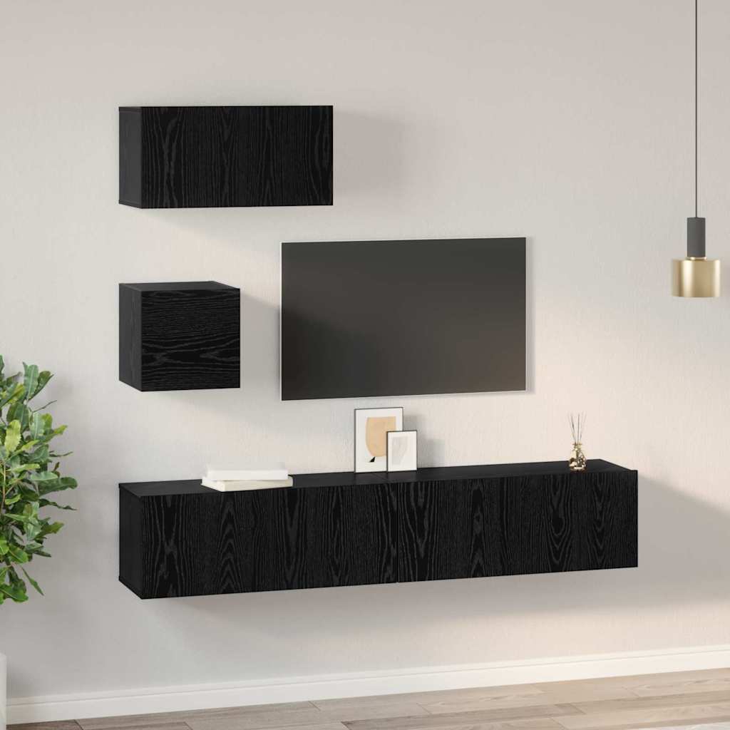 TV Cabinet Set Wall-mounted 4 pcs Black Oak Engineered Wood