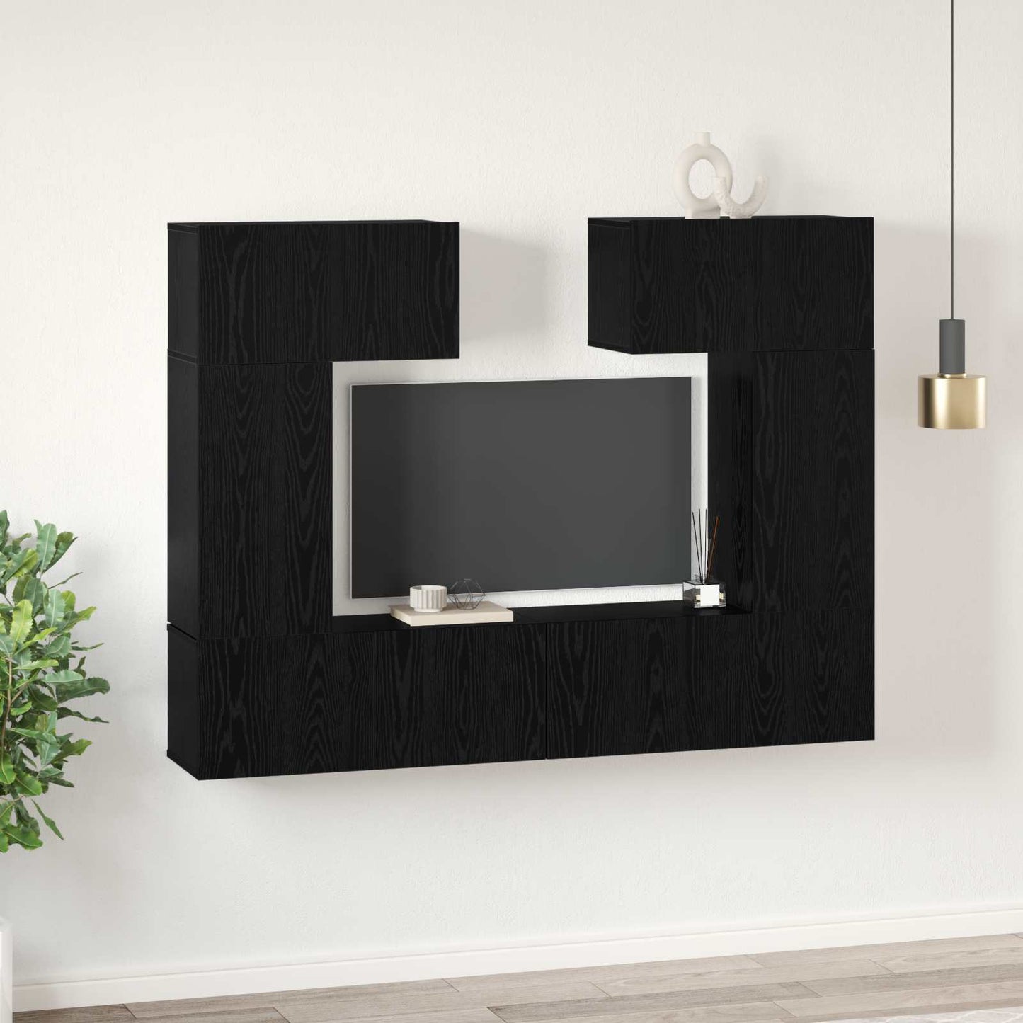 TV Cabinet Set Wall-mounted 6 pcs Black Oak Engineered Wood