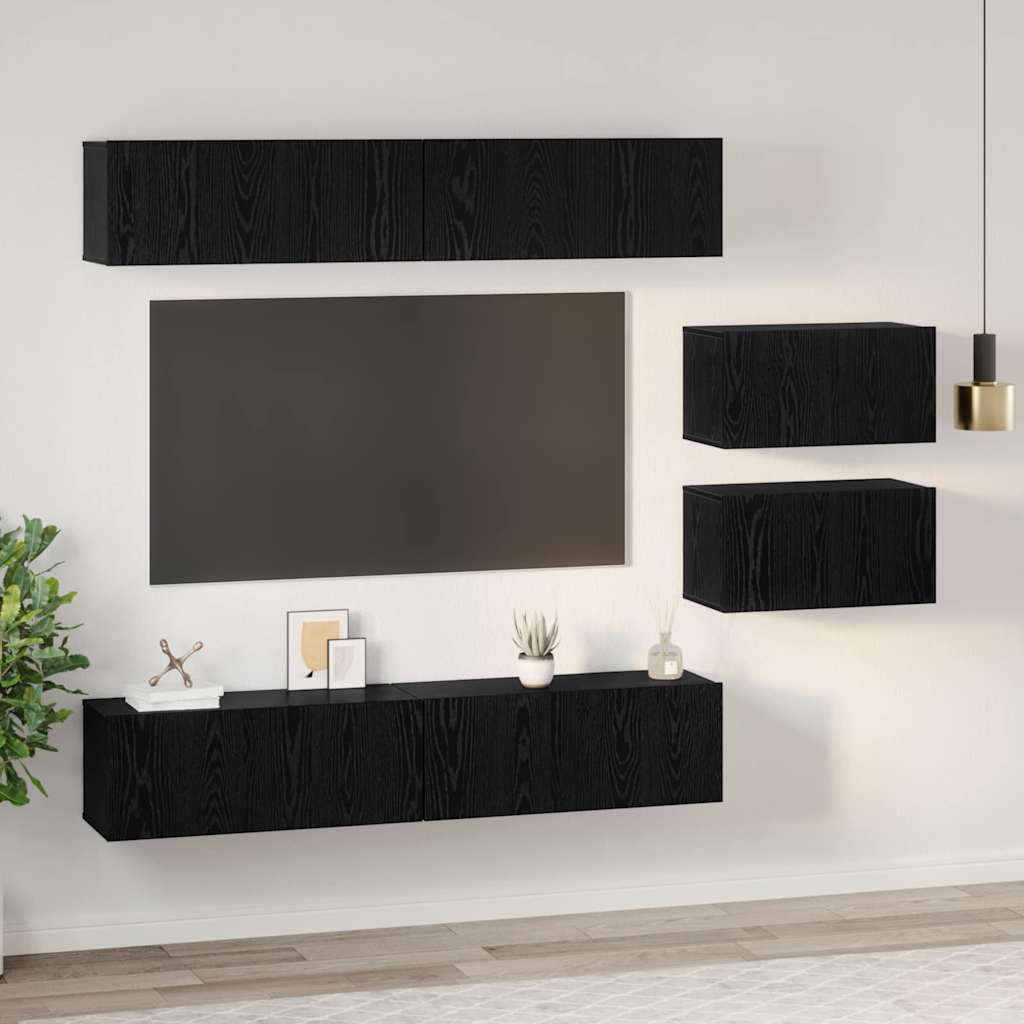 TV Cabinet Set Wall-mounted 6 pcs Black Oak Engineered Wood