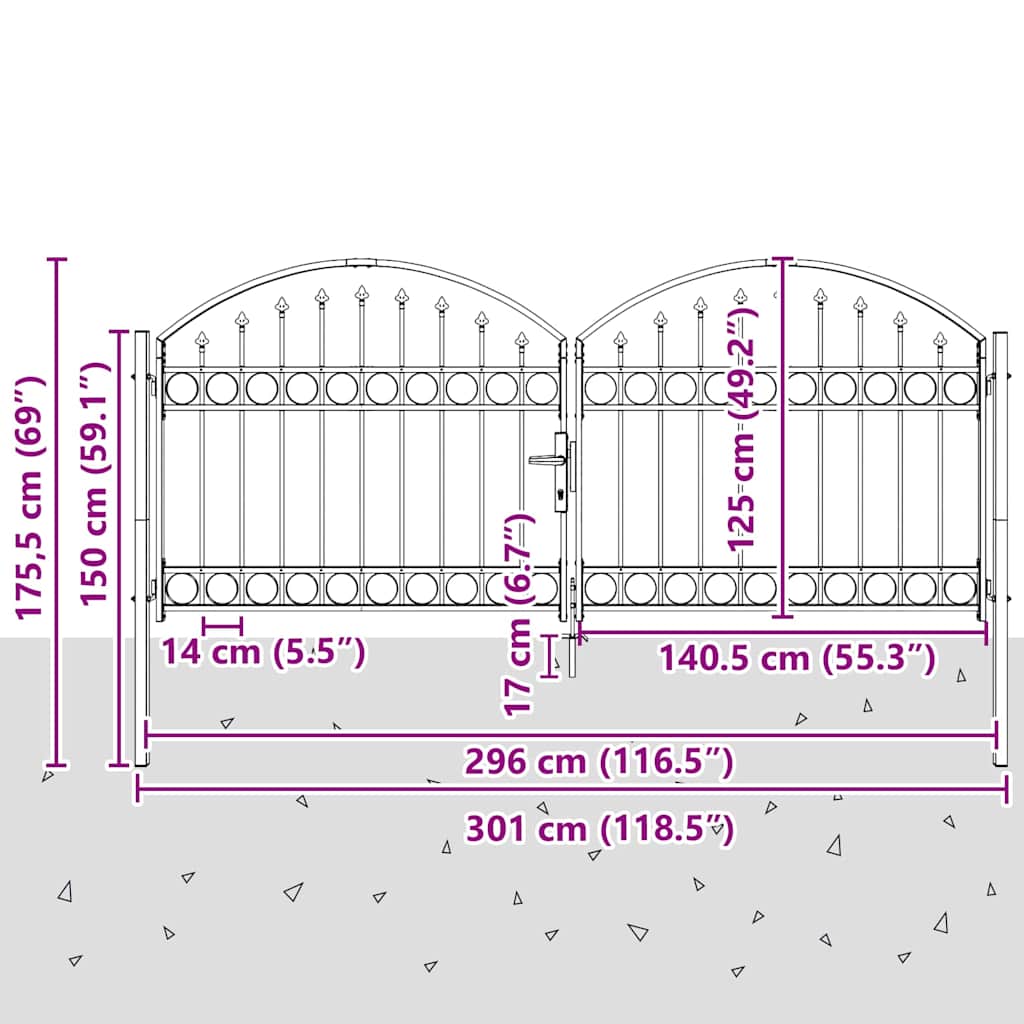 Fence Gate ASSEN 301 x 175.5 cm Steel Grey Lockable
