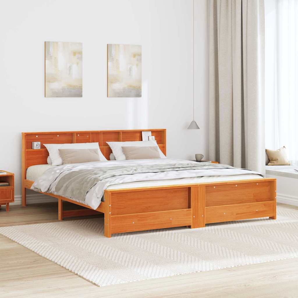 Bed Frame with Headboard Wax Brown 200 x 200 cm Solid Pine Wood