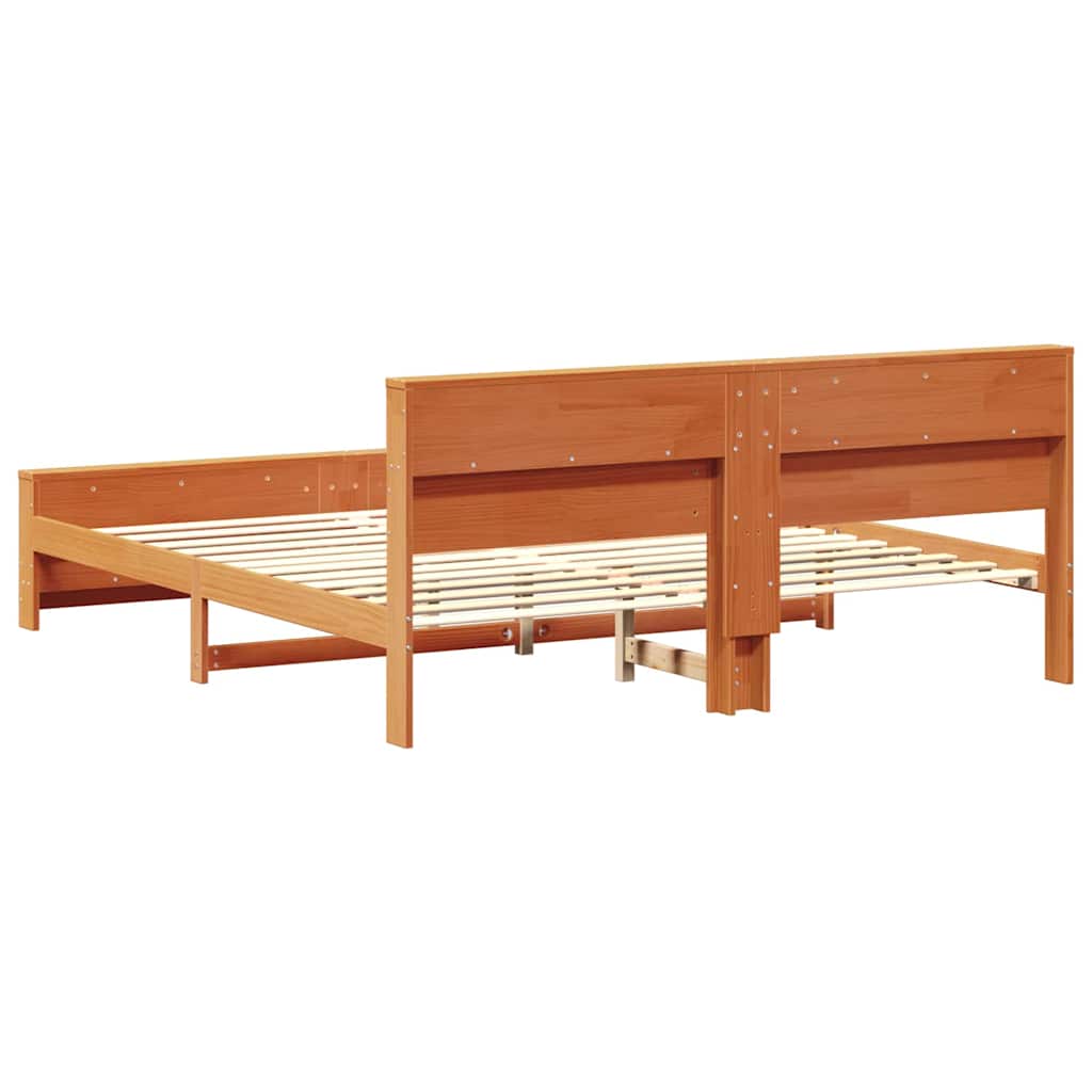 Bed Frame with Headboard Wax Brown 200 x 200 cm Solid Pine Wood
