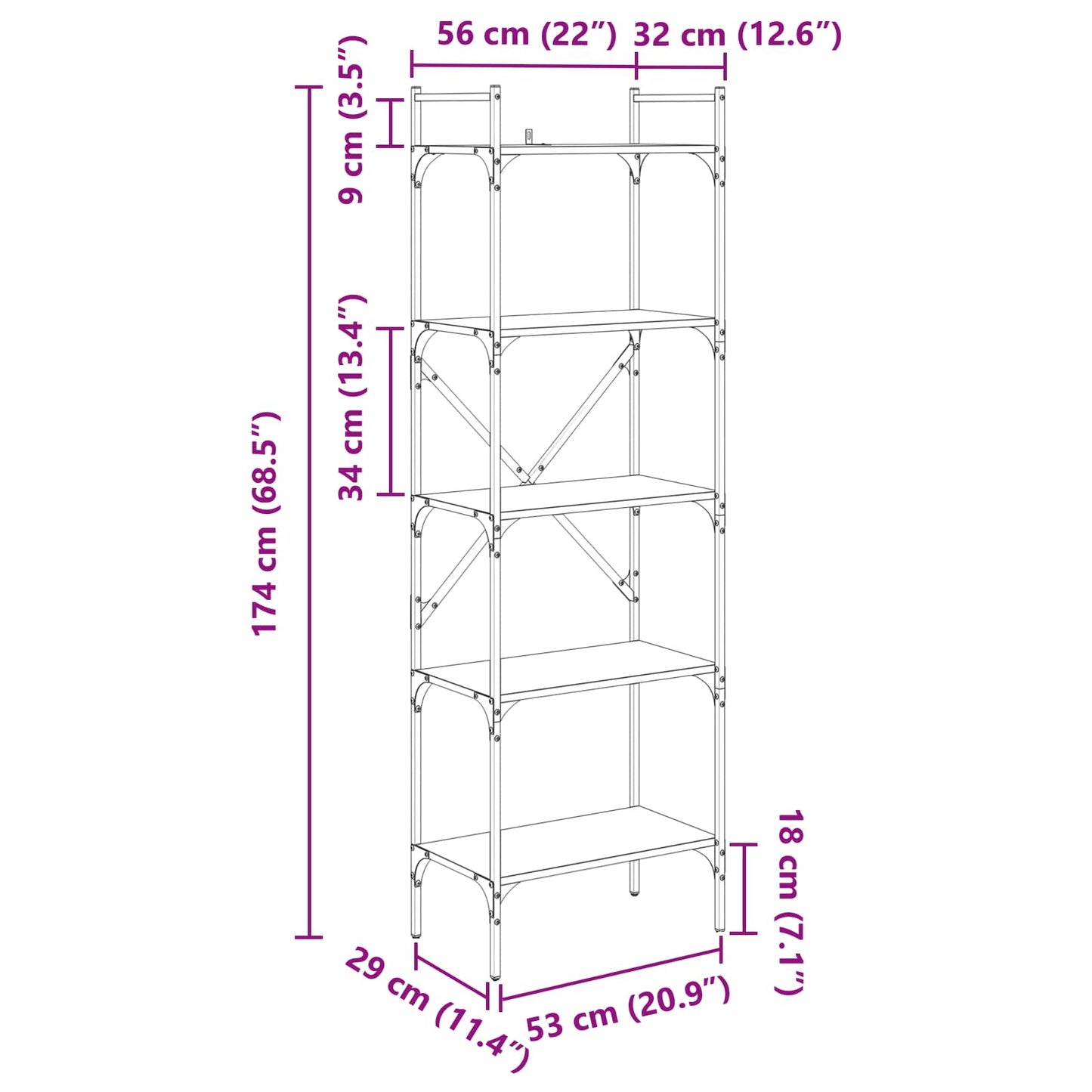 Bookcase 5-Tier 56 x 32 x 174 cm Engineered Wood Old Wood