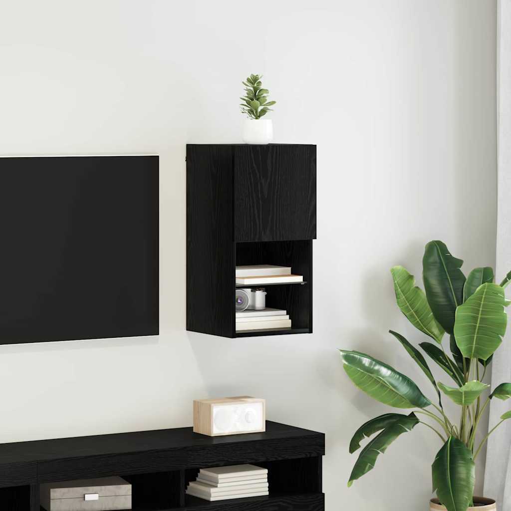 Wall-mounted TV Cabinet with LED Black Oak 30.5 x 30 x 60 cm