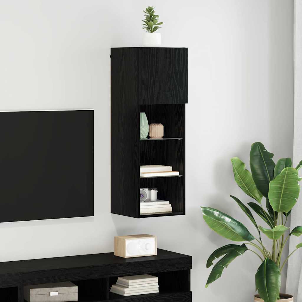 Wall-mounted TV Cabinet with LED Black Oak 30.5 x 30 x 90 cm