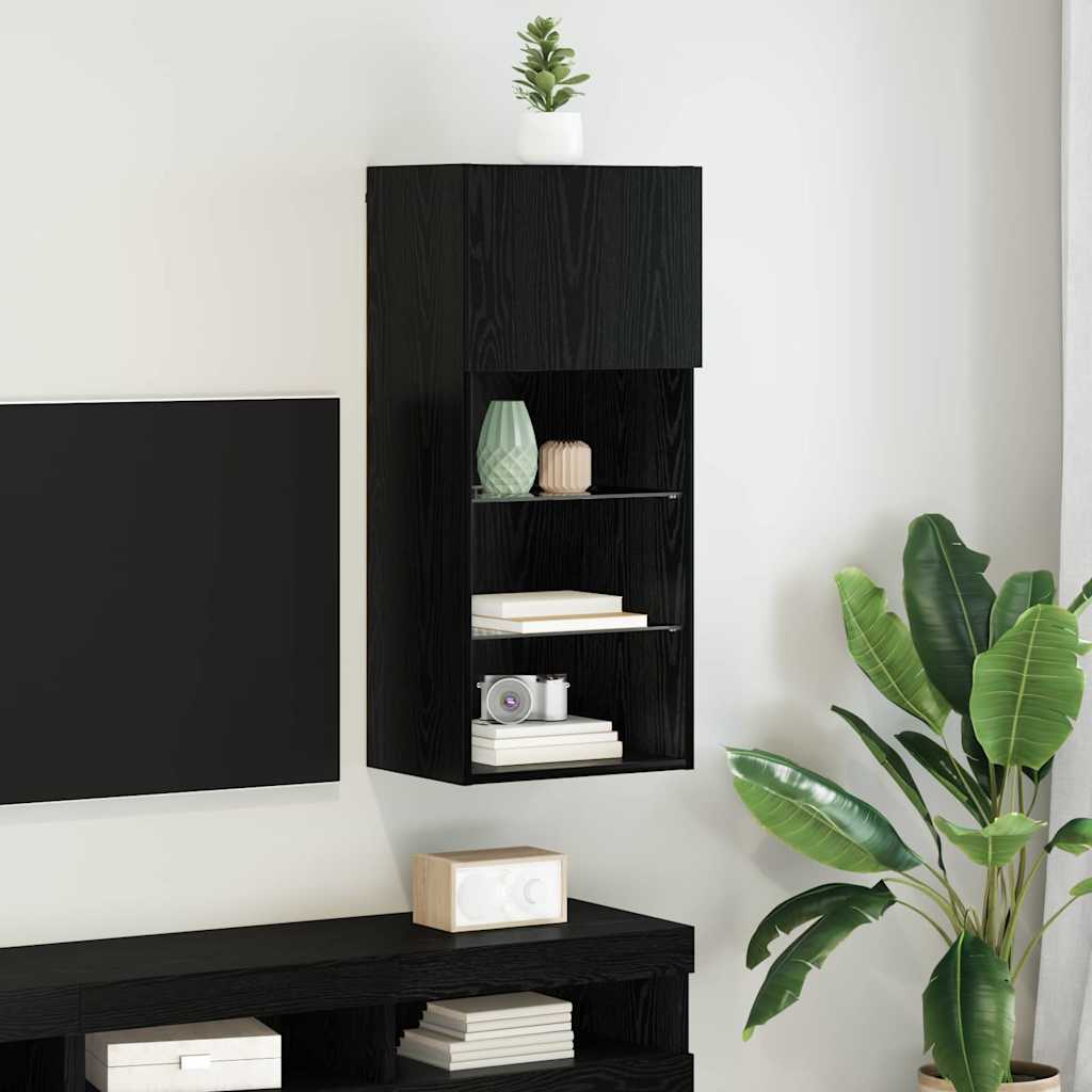 Wall-mounted TV Cabinet with LED Black Oak 40.5 x 30 x 90 cm