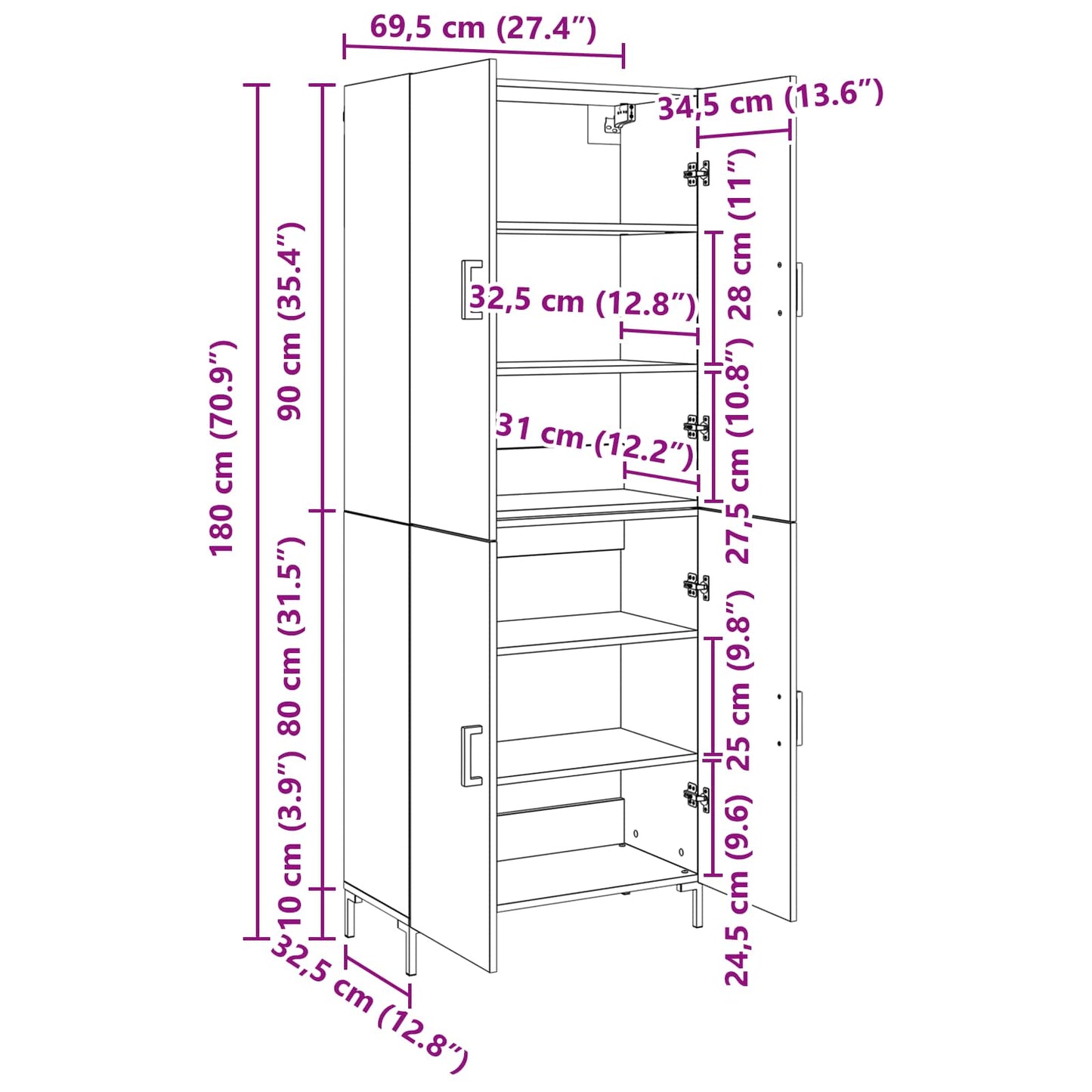 Highboard Old wood 69.5 x 34 x 180 cm Engineered Wood
