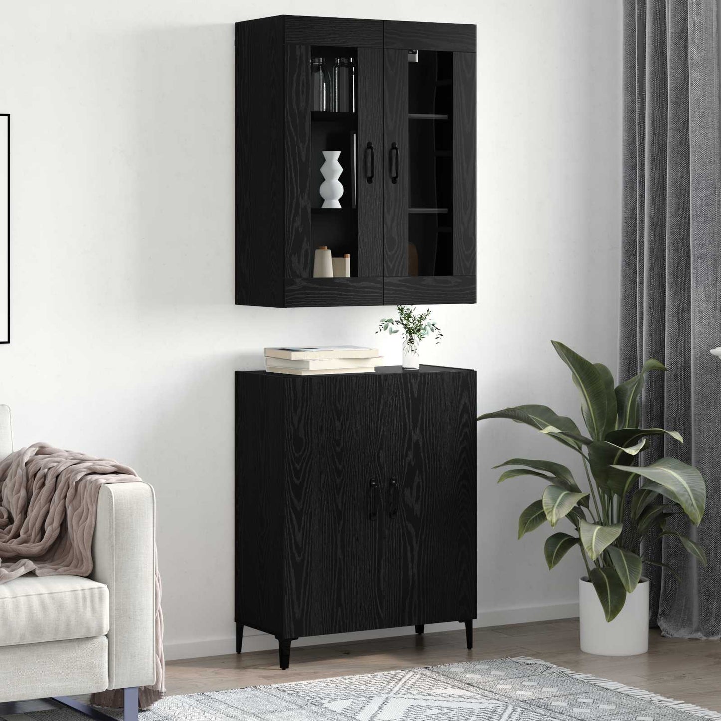 Highboard 2 pcs Black Oak Engineered Wood