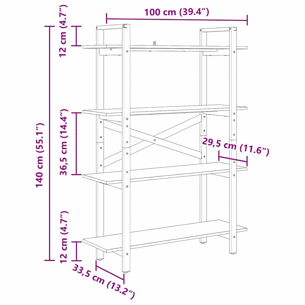 Bookshelf 4-Tier 100 x 33.5 x 140 cm Engineered Wood