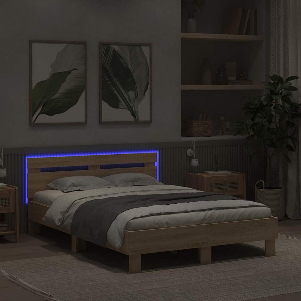 Bed Frame with LED Sonoma 137 x 190 cm Engineered Wood