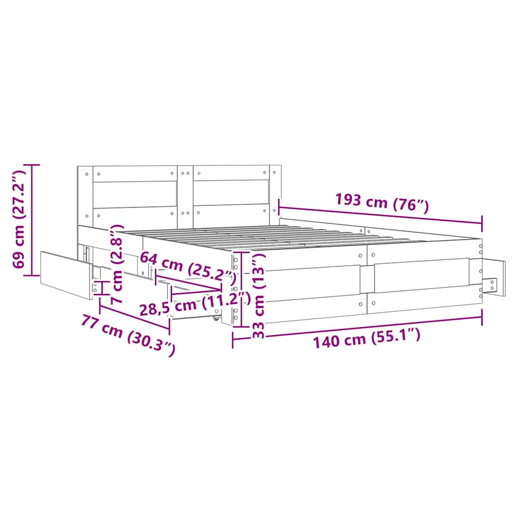 Bed Frame with Drawer 2 pcs White 137 x 188 cm Engineered Wood