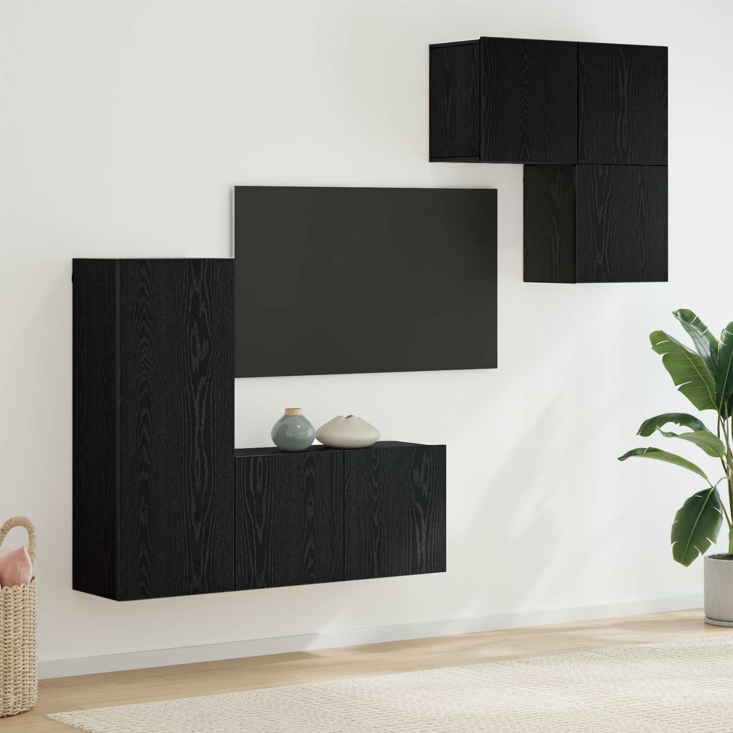 TV Cabinet Wall-mounted 4 pcs Black Oak Engineered Wood