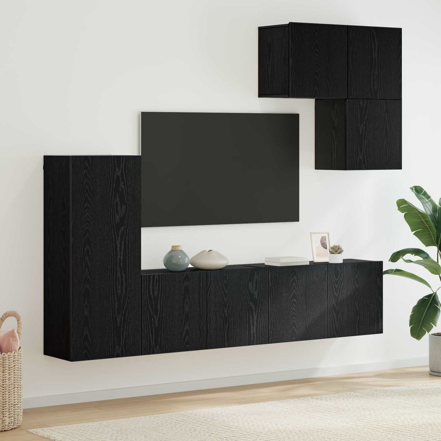 TV Wall Unit Wall-mounted 5 pcs Black Oak Engineered Wood