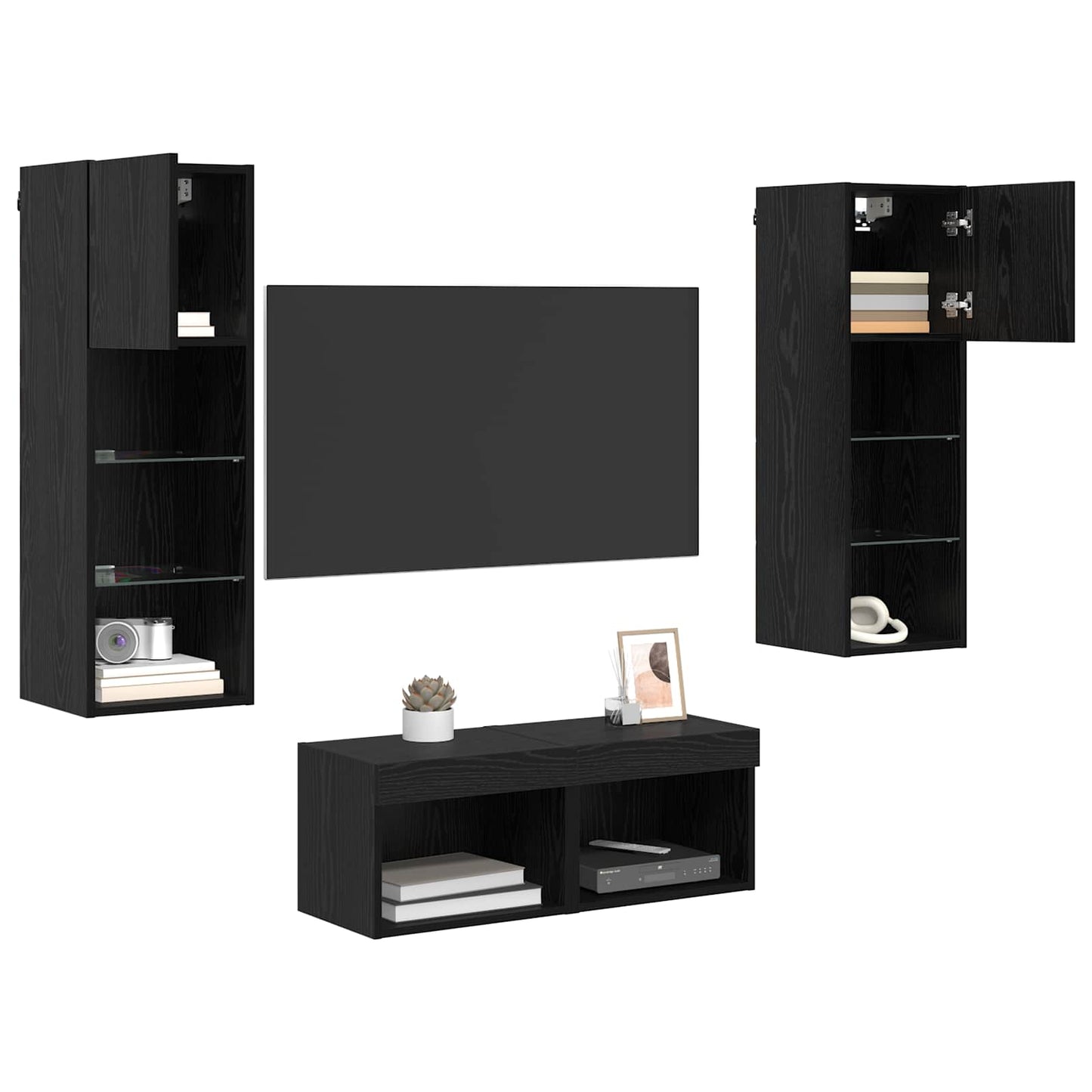 TV Wall Cabinets Wall-mounted 4 pcs Black Oak Engineered Wood