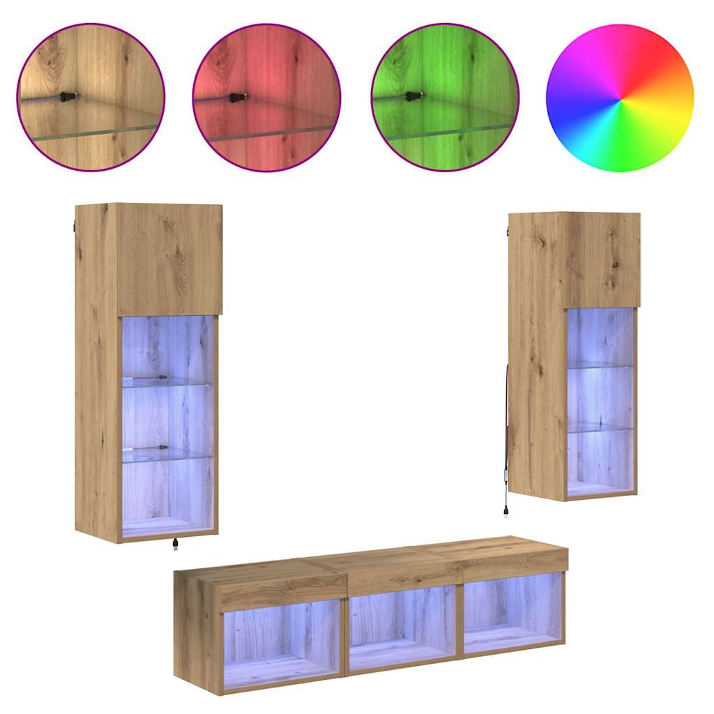TV Wall Units Wall-mounted 5 pcs Black Oak Engineered Wood