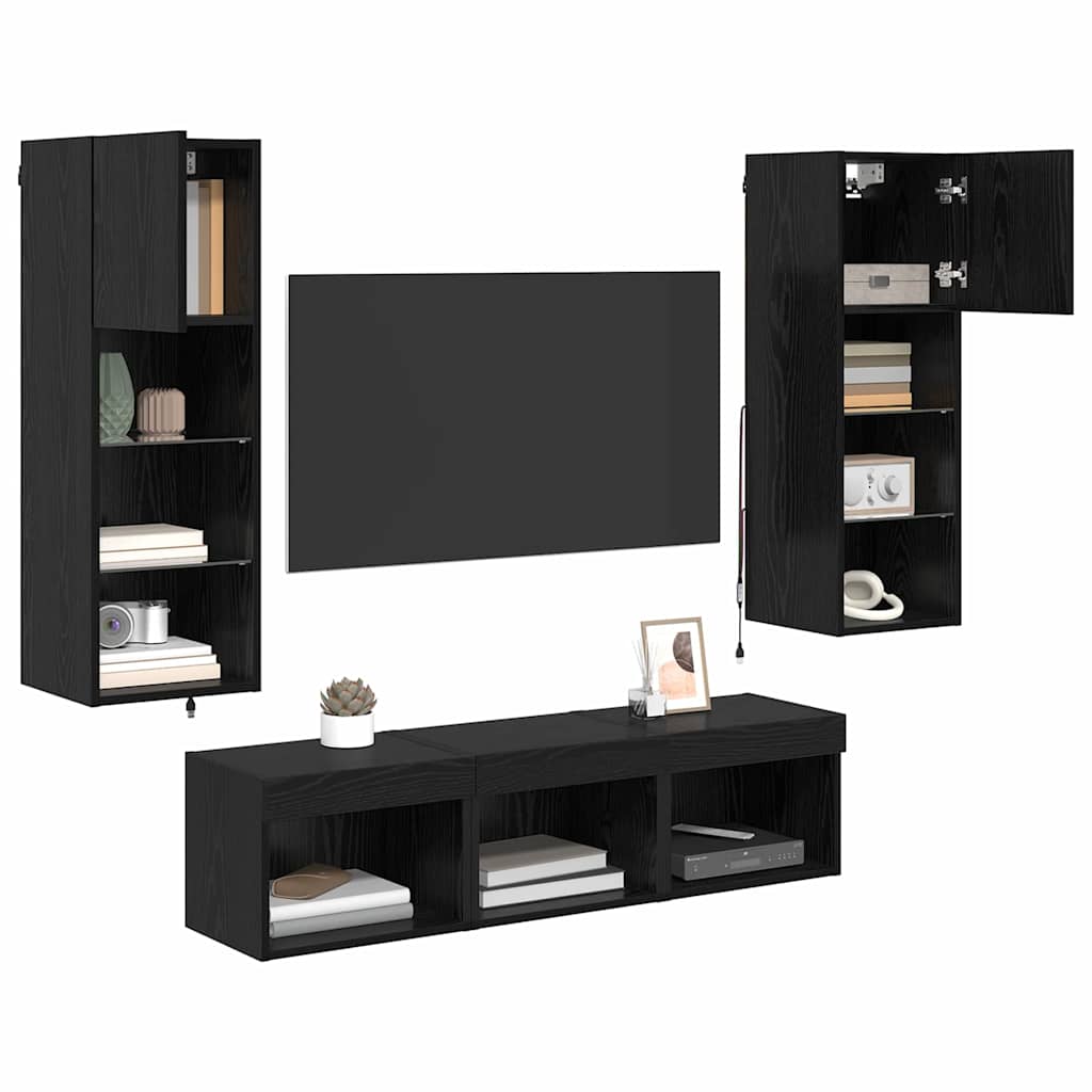 TV Wall Units Wall-mounted 5 pcs Black Oak Engineered Wood