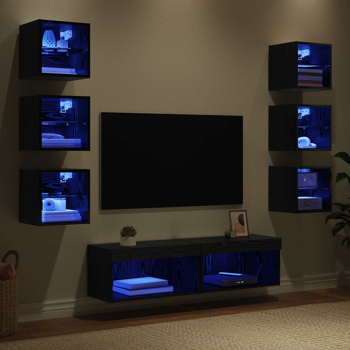 TV Cabinet with LED Strip Lights 8 pcs Black Oak Glass