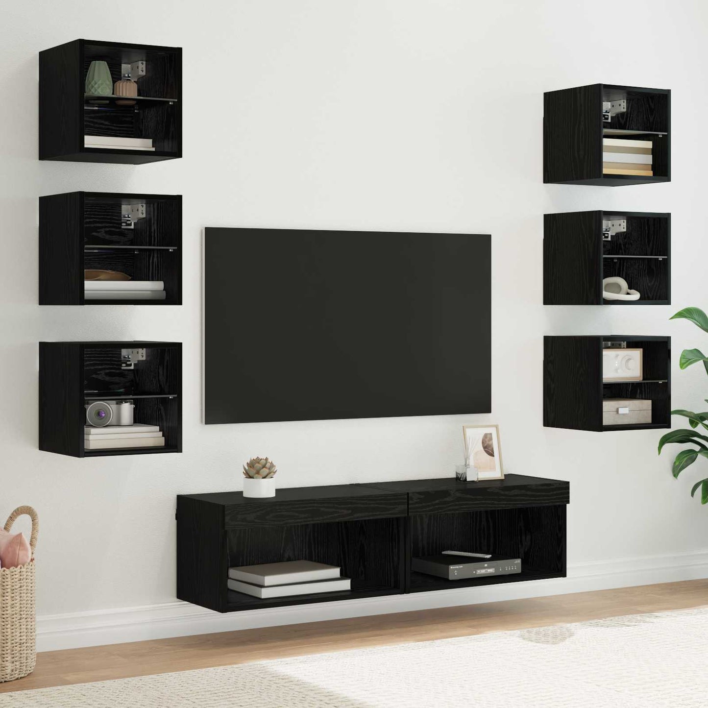 TV Cabinet with LED Strip Lights 8 pcs Black Oak Glass