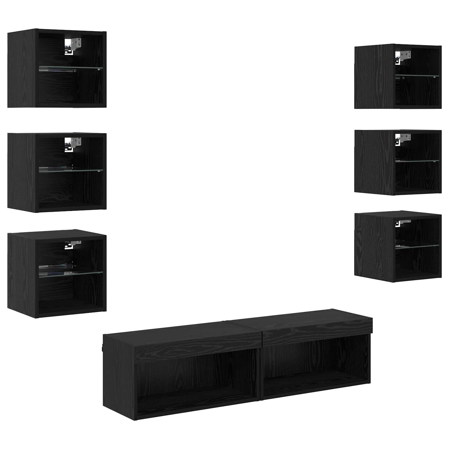 TV Cabinet with LED Strip Lights 8 pcs Black Oak Glass