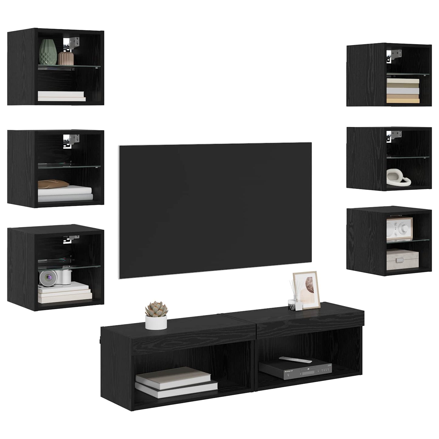 TV Cabinet with LED Strip Lights 8 pcs Black Oak Glass
