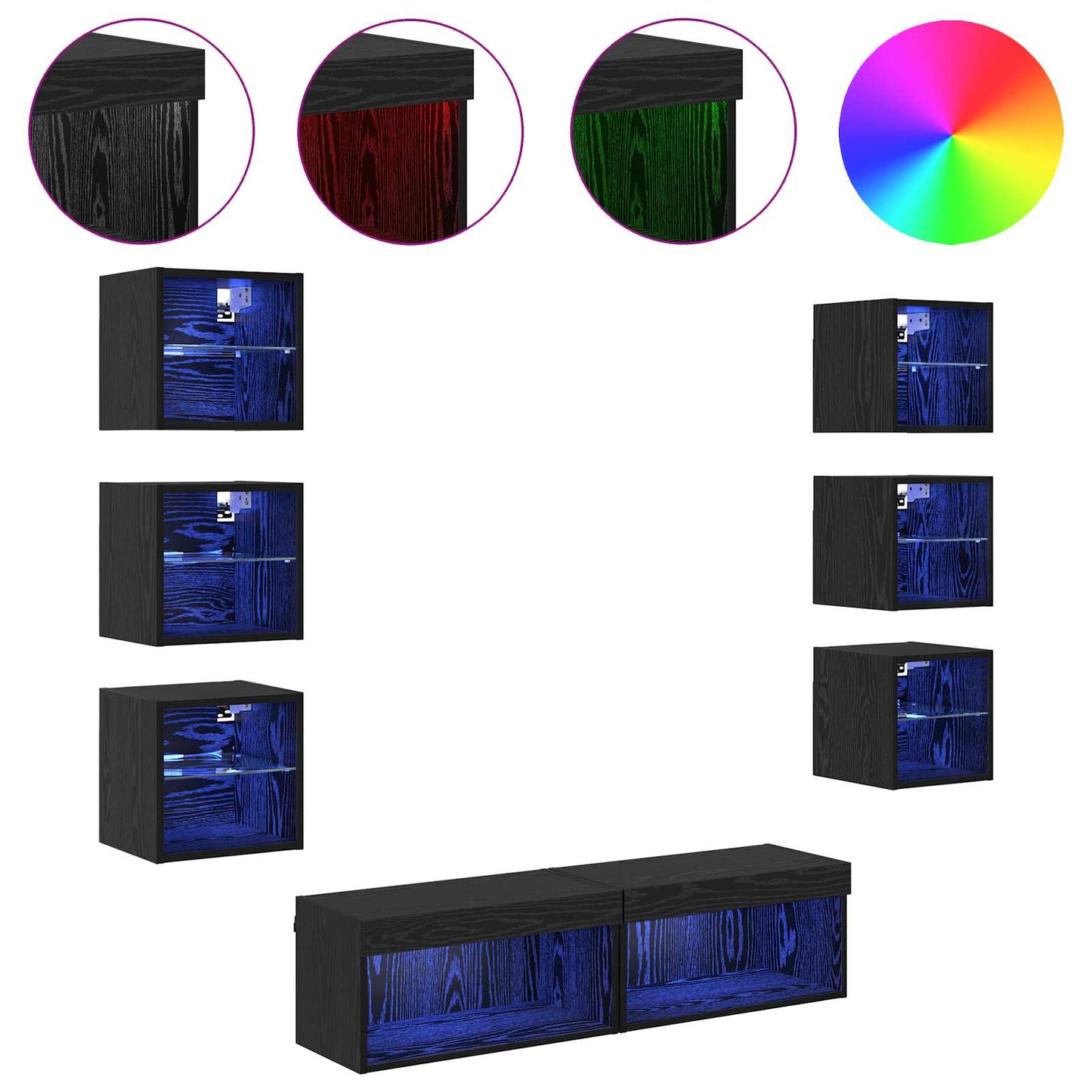 TV Cabinet with LED Strip Lights 8 pcs Black Oak Glass