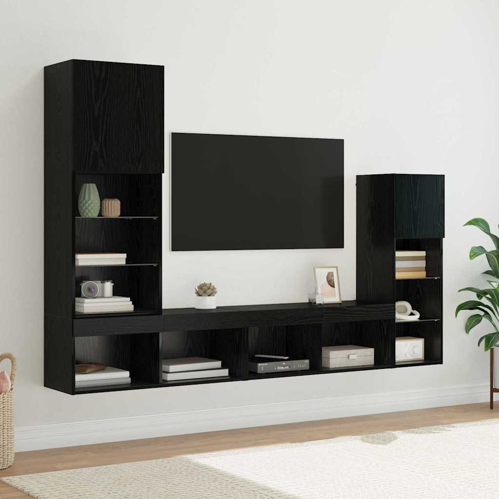 TV Wall Units Wall-mounted 4 pcs Black Oak Engineered Wood