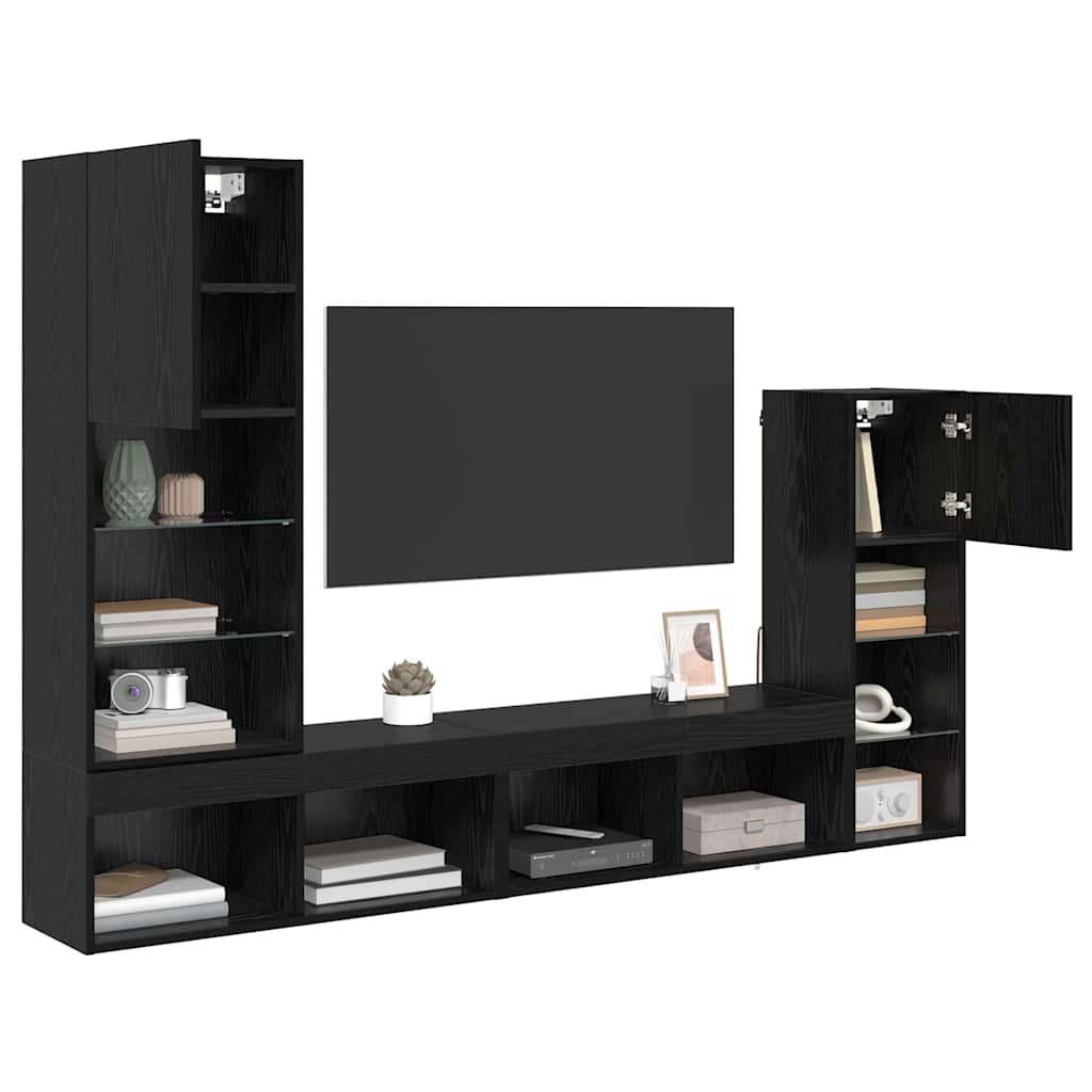 TV Wall Units Wall-mounted 4 pcs Black Oak Engineered Wood
