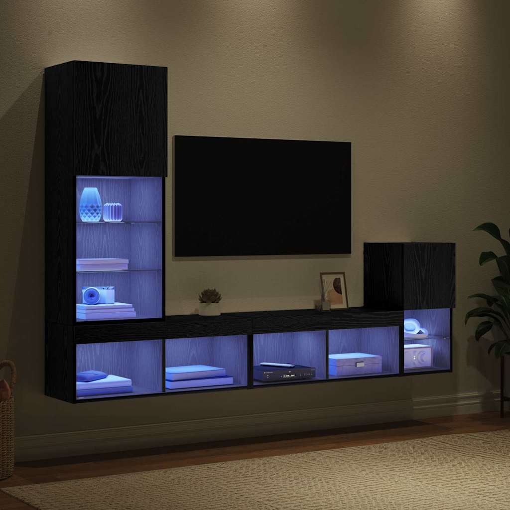 TV Wall Units with LED Strip Lights Black Oak Engineered Wood