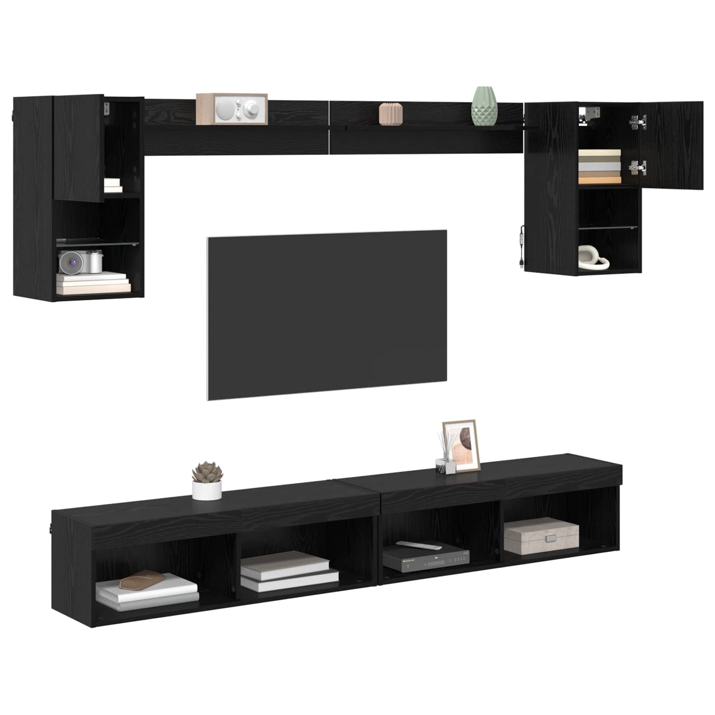 TV Wall Units with LED with LED 6 pcs Black Oak Engineered Wood