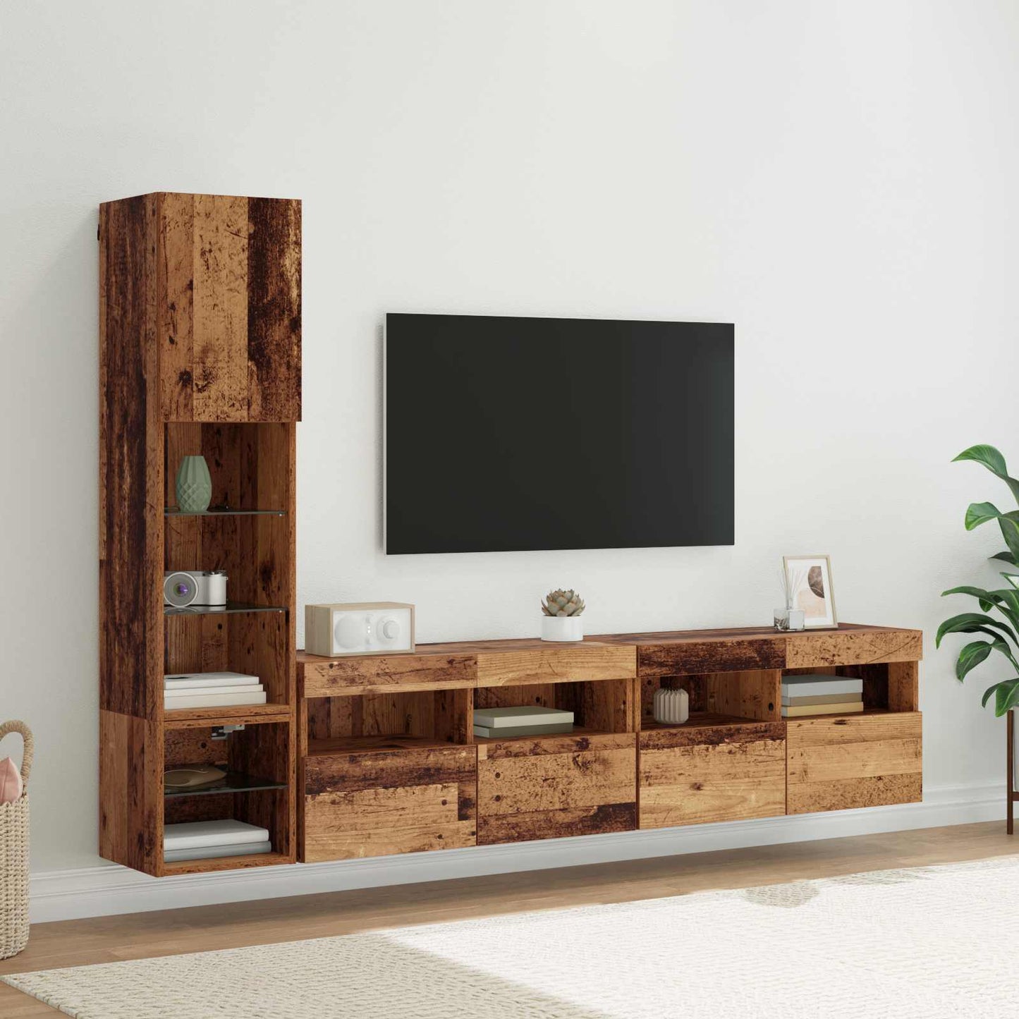 TV Wall Unit with LED 4 pcs Old Wood Engineered Wood